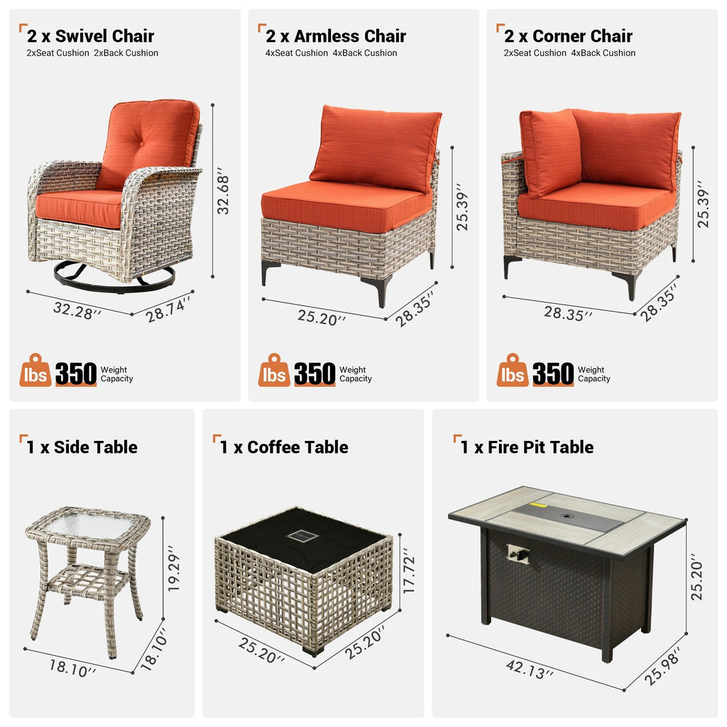 Ensemble de 9 chaises pivotantes d'extérieur en osier OVIOS avec table à feu