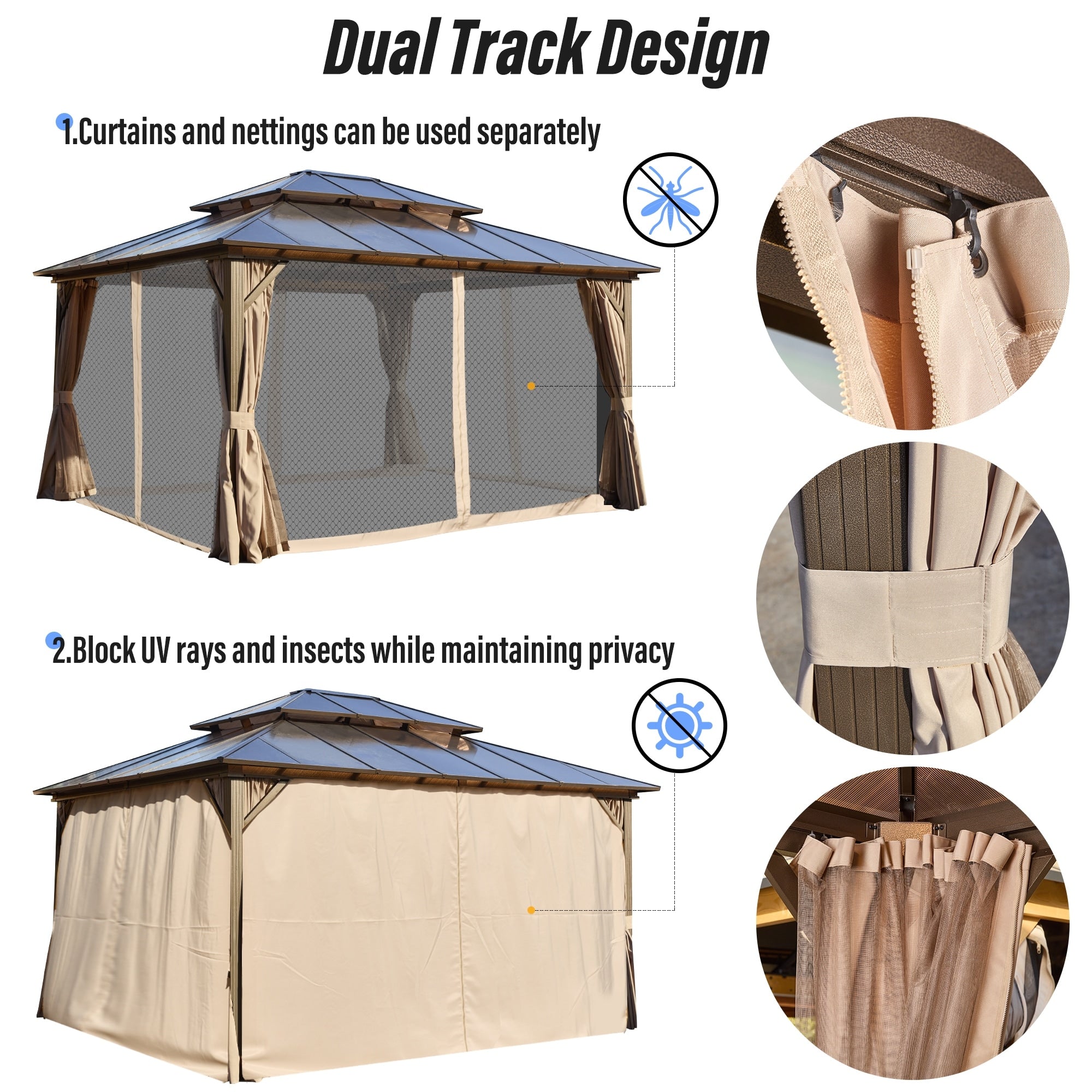 Gazebo à toit rigide EROMMY, pergola d'extérieur avec double toit, filet et rideaux, auvent robuste pour patio, arrière-cour, fête au bord de la piscine