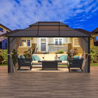 Gazebo à toit rigide EROMMY, pergola d'extérieur avec double toit, filet et rideaux, auvent robuste pour patio, arrière-cour, fête au bord de la piscine