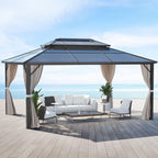 Gazebo à toit rigide EROMMY, pergola d'extérieur avec double toit, filet et rideaux, auvent robuste pour patio, arrière-cour, fête au bord de la piscine