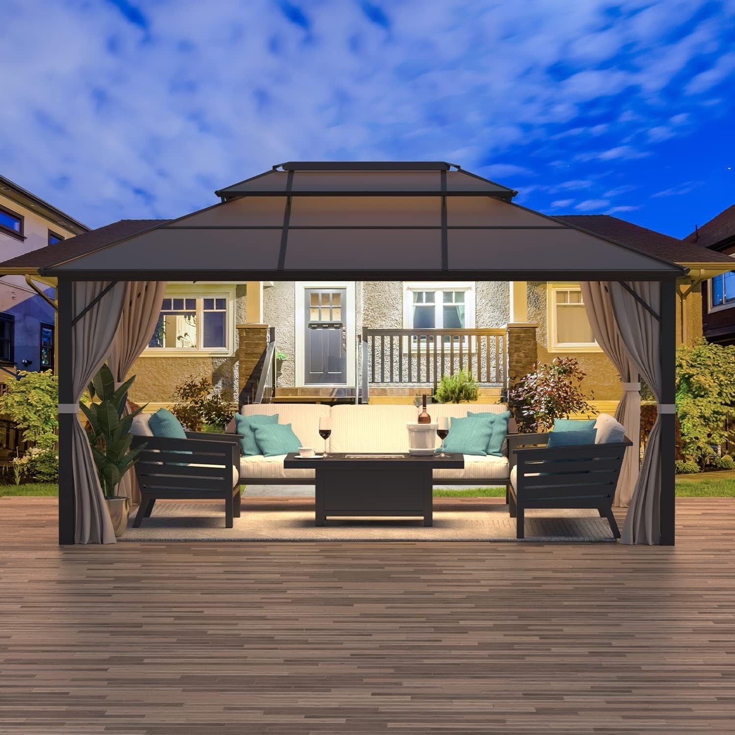 Gazebo à toit rigide EROMMY, pergola d'extérieur avec double toit, filet et rideaux, auvent robuste pour patio, arrière-cour, fête au bord de la piscine