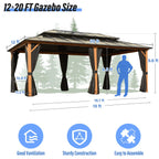 Gazebo à toit rigide EROMMY, pergola d'extérieur avec double toit, filet et rideaux, auvent robuste pour patio, arrière-cour, fête au bord de la piscine