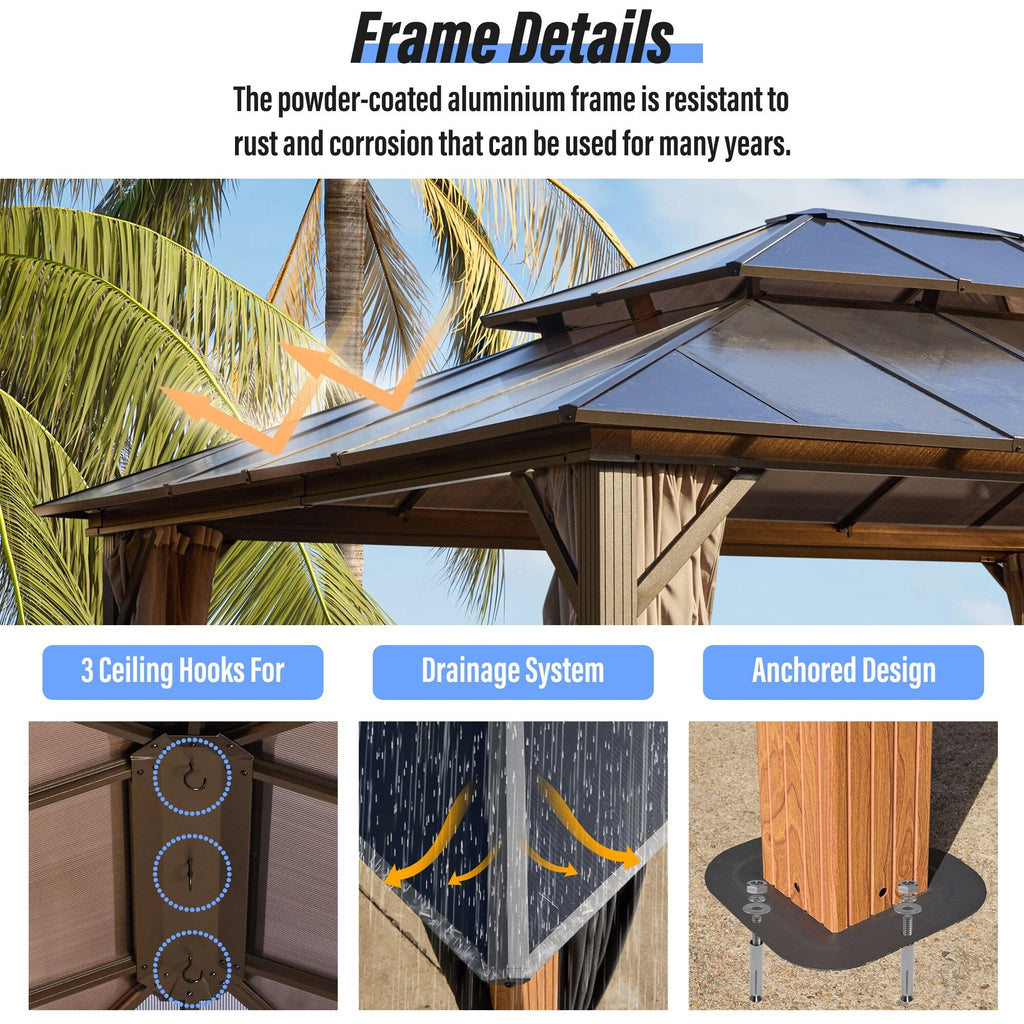 Gazebo à toit rigide EROMMY, pergola d'extérieur avec double toit, filet et rideaux, auvent robuste pour patio, arrière-cour, fête au bord de la piscine