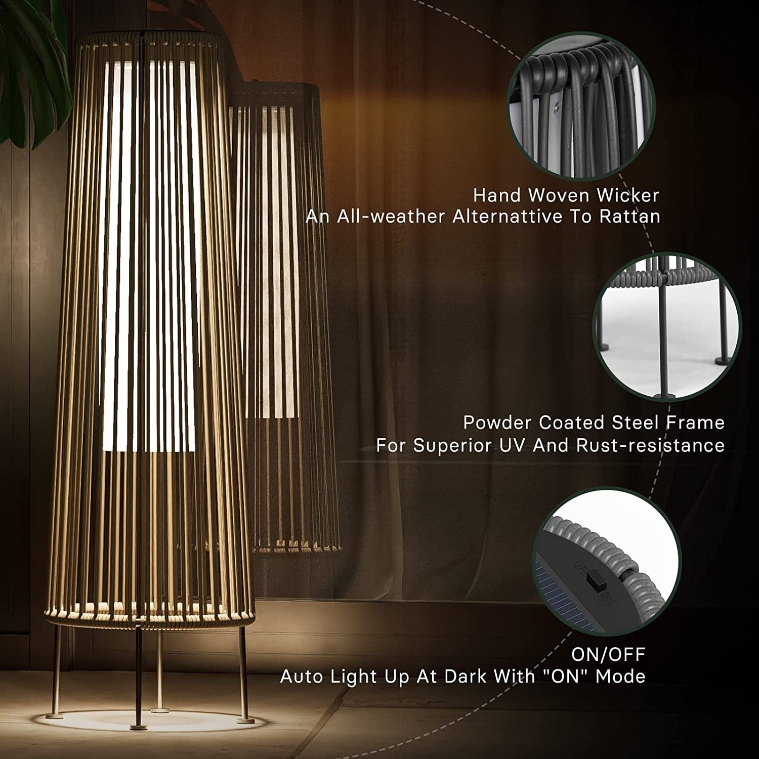 Lot de 2 lampes solaires d'extérieur en osier, résistantes aux intempéries, idéales pour terrasse, porche, cour ou jardin.