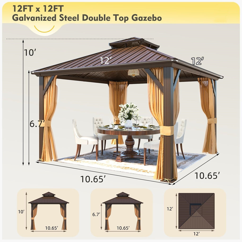 Tonnelle d'extérieur à toit rigide avec double toit en acier galvanisé et cadre en aluminium, pergola extérieure avec rideaux et filets haut de gamme