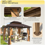 Tonnelle d'extérieur à toit rigide avec double toit en acier galvanisé et cadre en aluminium, pergola extérieure avec rideaux et filets haut de gamme