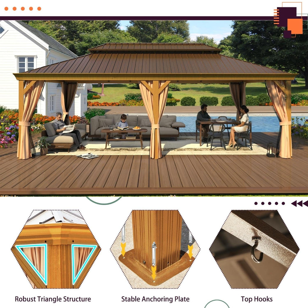 Tonnelle d'extérieur à toit rigide avec double toit en acier galvanisé et cadre en aluminium, pergola extérieure avec rideaux et filets haut de gamme