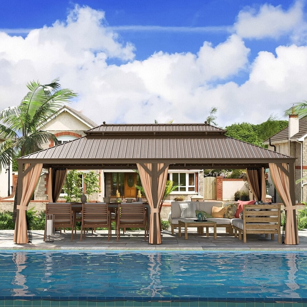 Tonnelle d'extérieur à toit rigide avec double toit en acier galvanisé et cadre en aluminium, pergola extérieure avec rideaux et filets haut de gamme