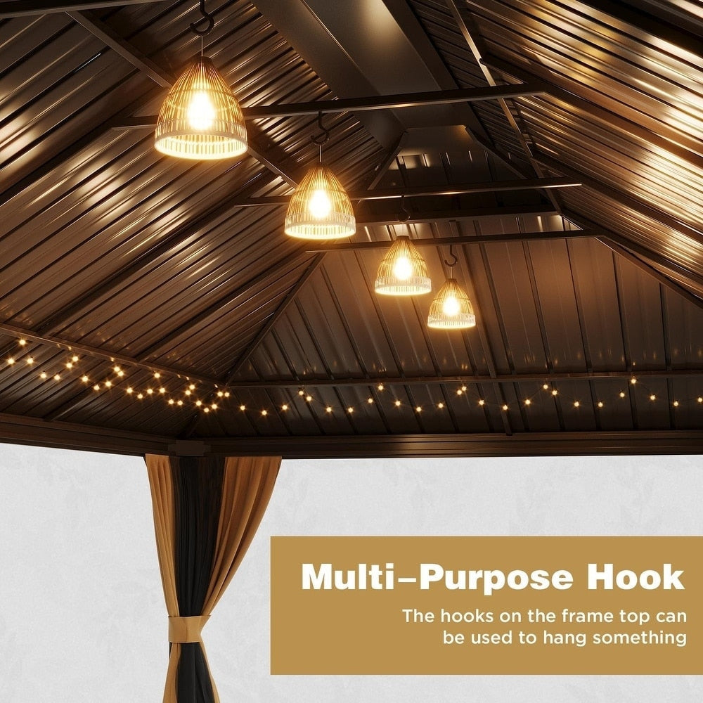 Tonnelle d'extérieur à toit rigide avec double toit en acier galvanisé et cadre en aluminium, pergola extérieure avec rideaux et filets haut de gamme