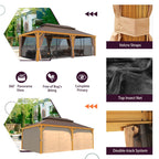 Tonnelle d'extérieur à toit rigide avec double toit en acier galvanisé et cadre en aluminium, pergola extérieure avec rideaux et filets haut de gamme