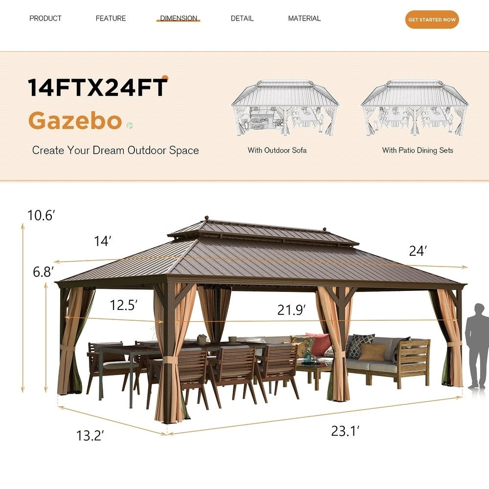 Tonnelle d'extérieur à toit rigide avec double toit en acier galvanisé et cadre en aluminium, pergola extérieure avec rideaux et filets haut de gamme