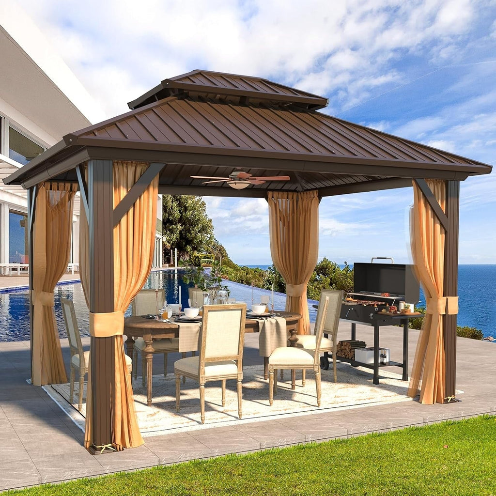 Tonnelle d'extérieur à toit rigide avec double toit en acier galvanisé et cadre en aluminium, pergola extérieure avec rideaux et filets haut de gamme