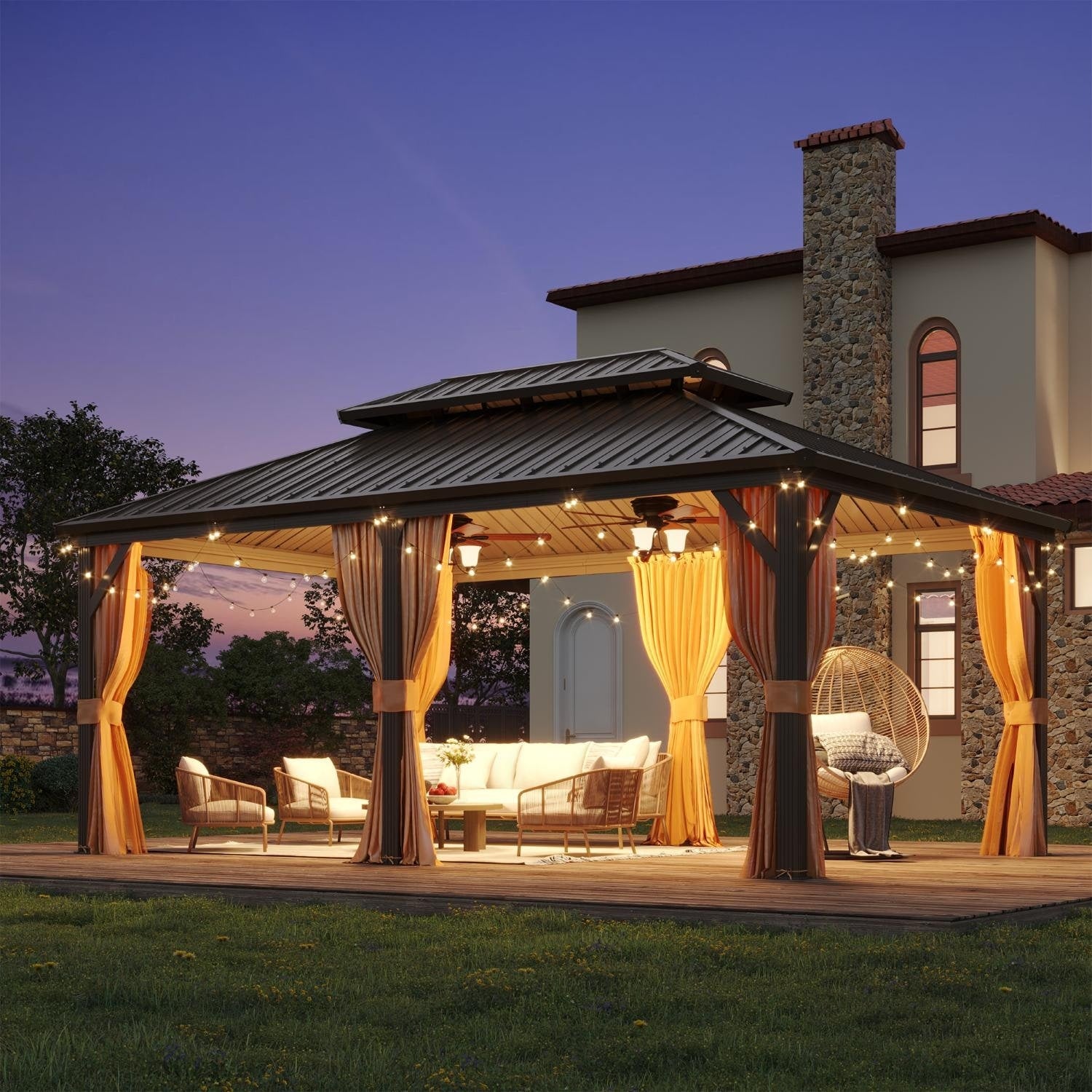 Tonnelle d'extérieur à toit rigide avec double toit en acier galvanisé et cadre en aluminium, pergola extérieure avec rideaux et filets haut de gamme