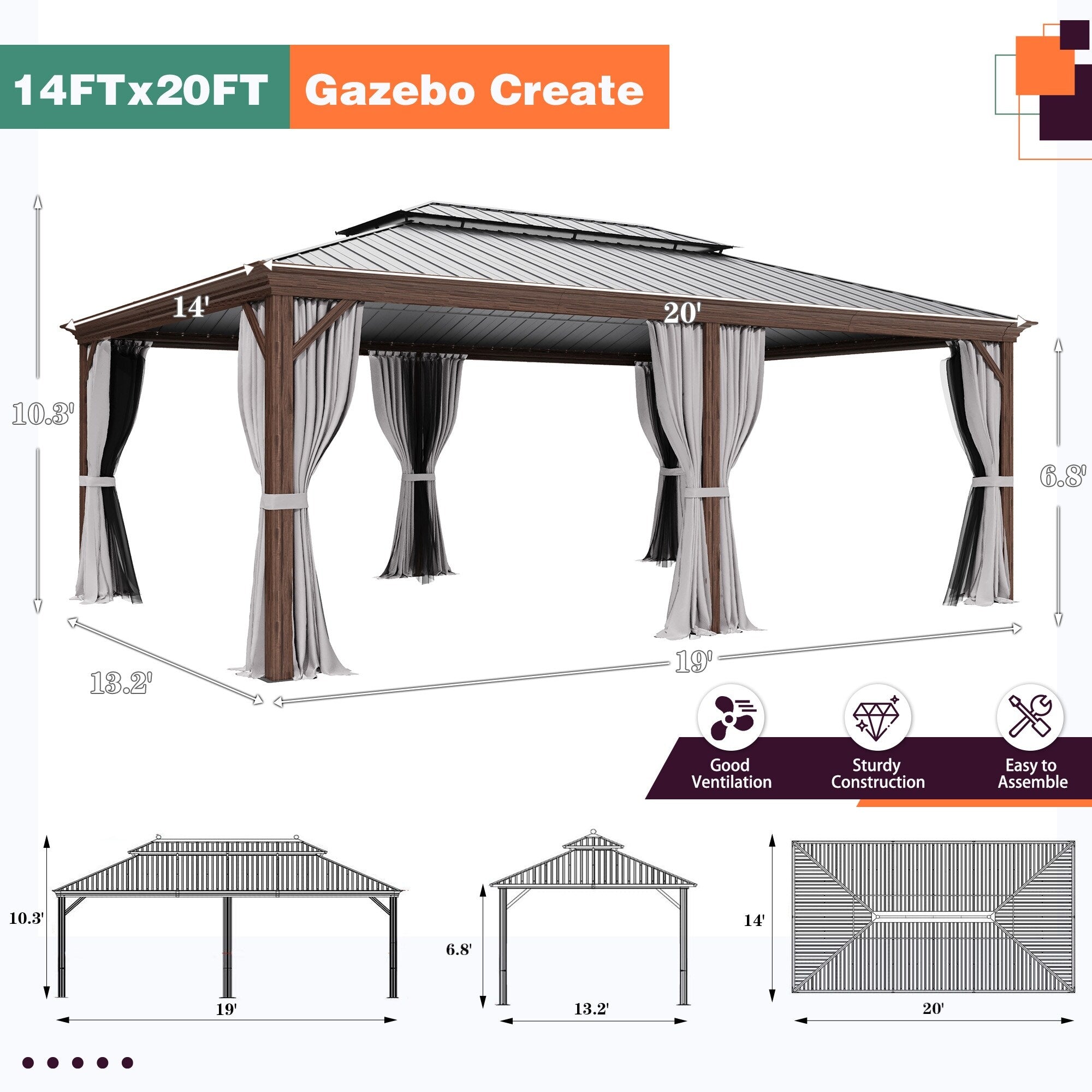 Tonnelle d'extérieur à toit rigide avec double toit en acier galvanisé et cadre en aluminium, pergola extérieure avec rideaux et filets haut de gamme