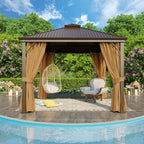 Tonnelle d'extérieur à toit rigide avec double toit en acier galvanisé et cadre en aluminium, pergola extérieure avec rideaux et filets haut de gamme