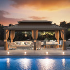 Tonnelle d'extérieur à toit rigide avec double toit en acier galvanisé et cadre en aluminium, pergola extérieure avec rideaux et filets haut de gamme