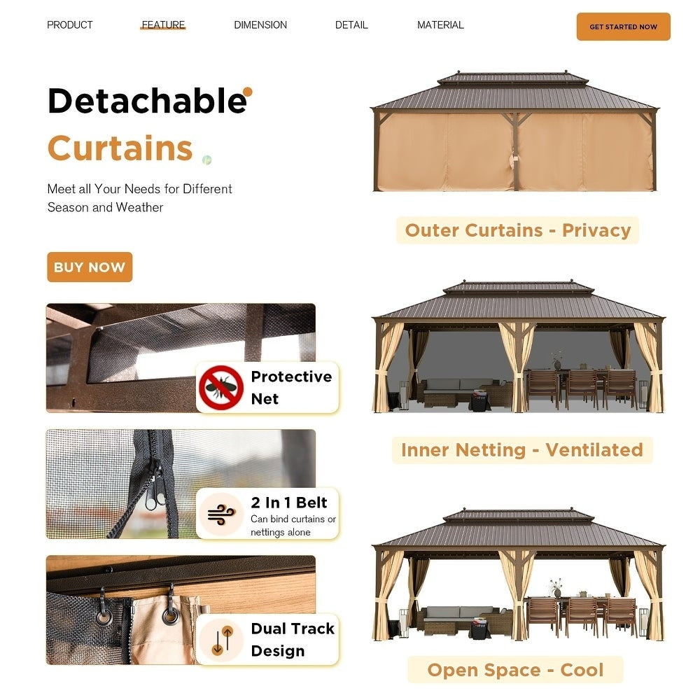 Tonnelle d'extérieur à toit rigide avec double toit en acier galvanisé et cadre en aluminium, pergola extérieure avec rideaux et filets haut de gamme