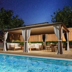 Tonnelle d'extérieur à toit rigide avec double toit en acier galvanisé et cadre en aluminium, pergola extérieure avec rideaux et filets haut de gamme