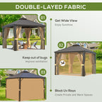 Tonnelle d'extérieur à toit rigide avec double toit en acier galvanisé et cadre en aluminium, pergola extérieure avec rideaux et filets haut de gamme