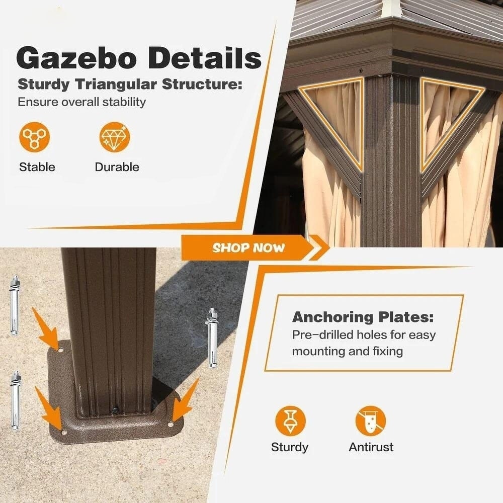 Tonnelle d'extérieur à toit rigide avec double toit en acier galvanisé et cadre en aluminium, pergola extérieure avec rideaux et filets haut de gamme