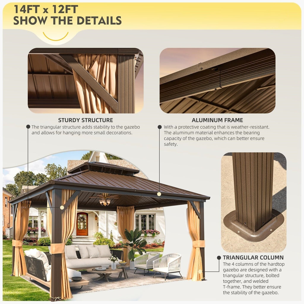 Tonnelle d'extérieur à toit rigide avec double toit en acier galvanisé et cadre en aluminium, pergola extérieure avec rideaux et filets haut de gamme