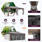 Tonnelle d'extérieur à toit rigide avec double toit en acier galvanisé et cadre en aluminium, pergola extérieure avec rideaux et filets haut de gamme