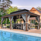 Tonnelle d'extérieur à toit rigide avec double toit en acier galvanisé et cadre en aluminium, pergola extérieure avec rideaux et filets haut de gamme