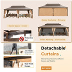 Tonnelle d'extérieur à toit rigide avec double toit en acier galvanisé et cadre en aluminium, pergola extérieure avec rideaux et filets haut de gamme