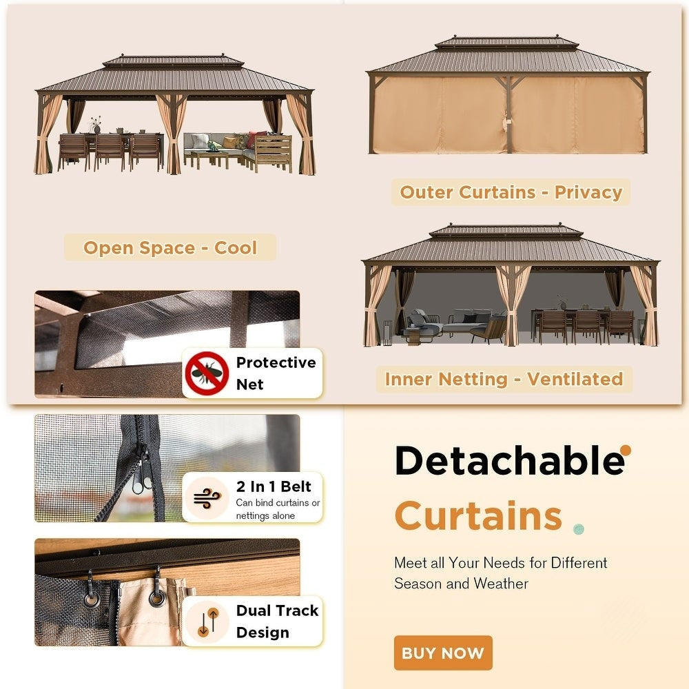 Tonnelle d'extérieur à toit rigide avec double toit en acier galvanisé et cadre en aluminium, pergola extérieure avec rideaux et filets haut de gamme