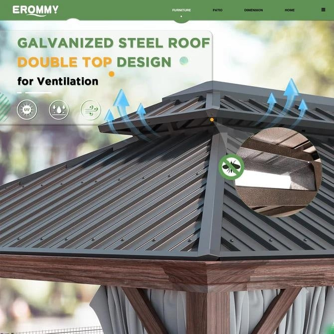 Tonnelle d'extérieur à toit rigide avec double toit en acier galvanisé et cadre en aluminium, pergola extérieure avec rideaux et filets haut de gamme