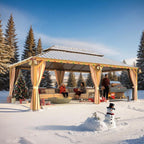 Tonnelle d'extérieur à toit rigide avec double toit en acier galvanisé et cadre en aluminium, pergola extérieure avec rideaux et filets haut de gamme