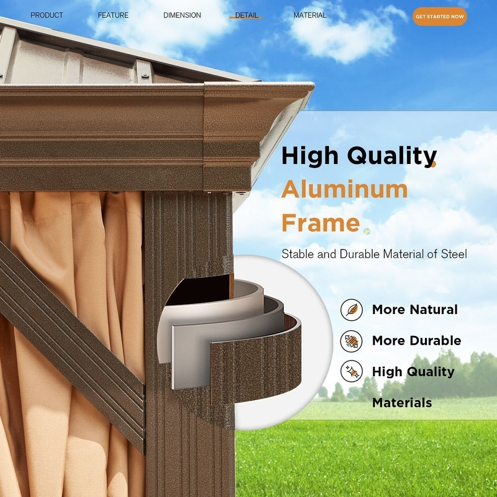 Tonnelle d'extérieur à toit rigide avec double toit en acier galvanisé et cadre en aluminium, pergola extérieure avec rideaux et filets haut de gamme