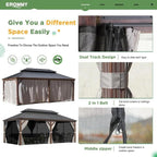 Tonnelle d'extérieur à toit rigide avec double toit en acier galvanisé et cadre en aluminium, pergola extérieure avec rideaux et filets haut de gamme