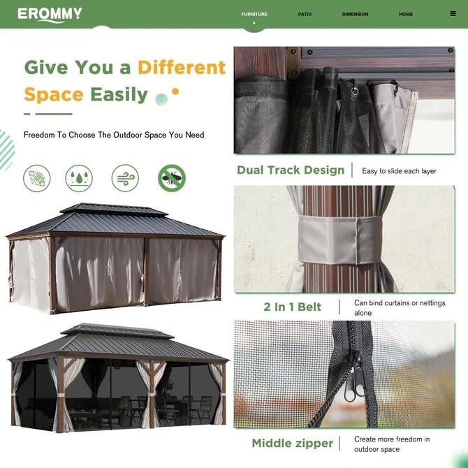 Tonnelle d'extérieur à toit rigide avec double toit en acier galvanisé et cadre en aluminium, pergola extérieure avec rideaux et filets haut de gamme