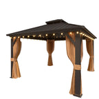 Tonnelle d'extérieur à toit rigide avec double toit en acier galvanisé et cadre en aluminium, pergola extérieure avec rideaux et filets haut de gamme