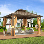 Tonnelle d'extérieur à toit rigide avec double toit en acier galvanisé et cadre en aluminium, pergola extérieure avec rideaux et filets haut de gamme