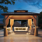 Tonnelle d'extérieur à toit rigide avec double toit en acier galvanisé et cadre en aluminium, pergola extérieure avec rideaux et filets haut de gamme