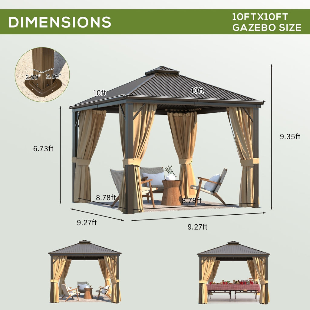 Tonnelle d'extérieur à toit rigide avec double toit en acier galvanisé et cadre en aluminium, pergola extérieure avec rideaux et filets haut de gamme