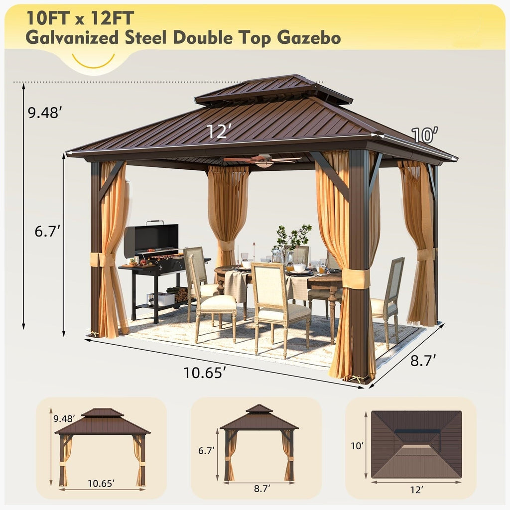 Tonnelle d'extérieur à toit rigide avec double toit en acier galvanisé et cadre en aluminium, pergola extérieure avec rideaux et filets haut de gamme