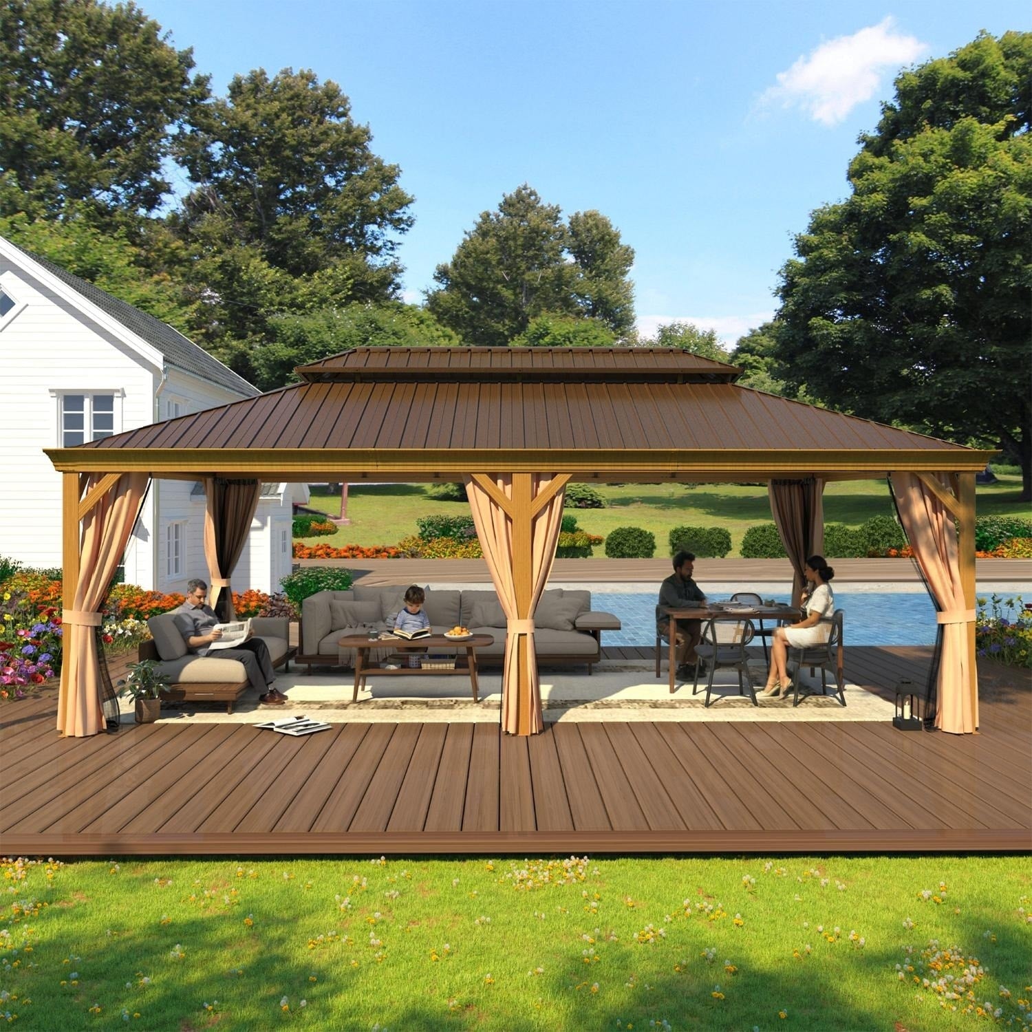 Tonnelle d'extérieur à toit rigide avec double toit en acier galvanisé et cadre en aluminium, pergola extérieure avec rideaux et filets haut de gamme