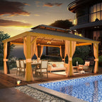 Tonnelle d'extérieur à toit rigide avec double toit en acier galvanisé et cadre en aluminium, pergola extérieure avec rideaux et filets haut de gamme