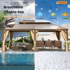 Tonnelle d'extérieur à toit rigide avec double toit en acier galvanisé et cadre en aluminium, pergola extérieure avec rideaux et filets haut de gamme