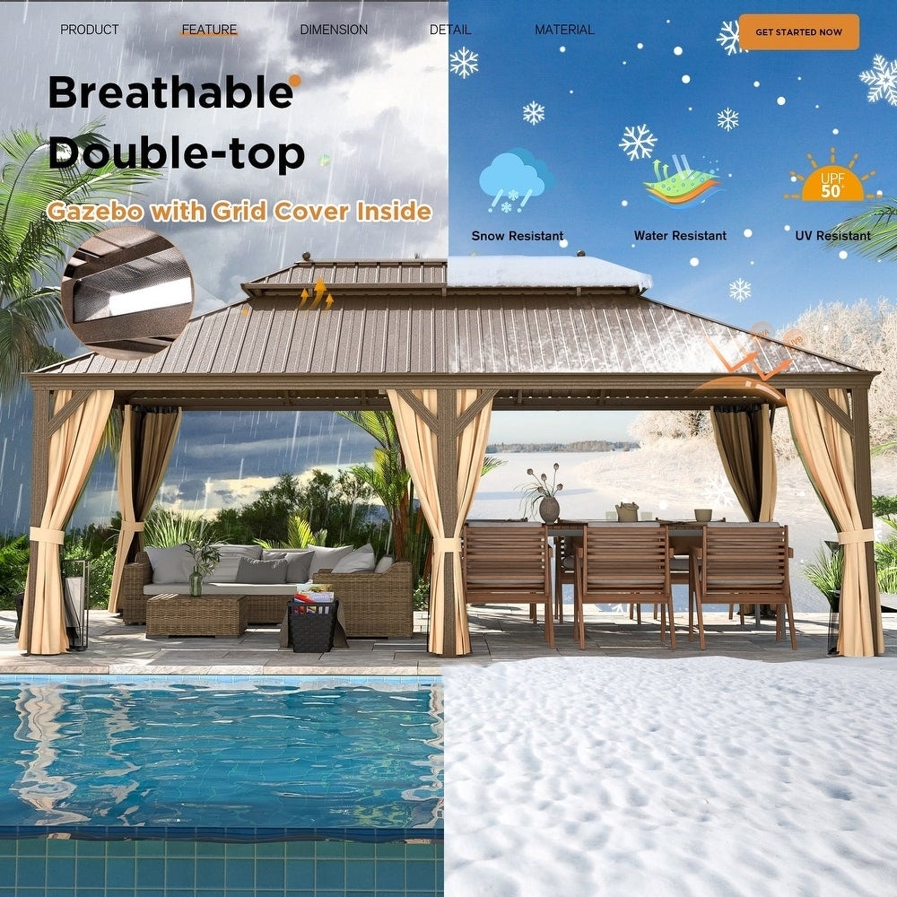 Tonnelle d'extérieur à toit rigide avec double toit en acier galvanisé et cadre en aluminium, pergola extérieure avec rideaux et filets haut de gamme