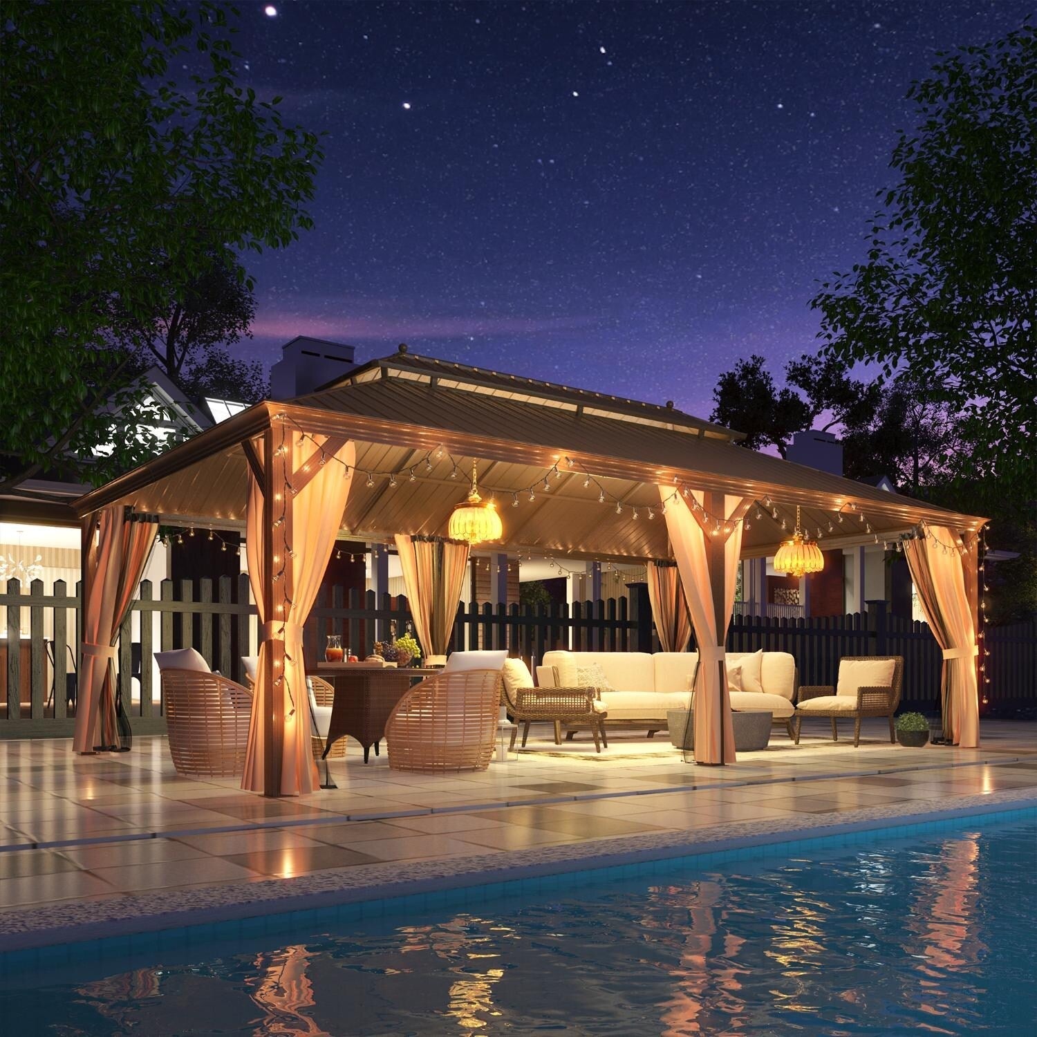 Tonnelle d'extérieur à toit rigide avec double toit en acier galvanisé et cadre en aluminium, pergola extérieure avec rideaux et filets haut de gamme