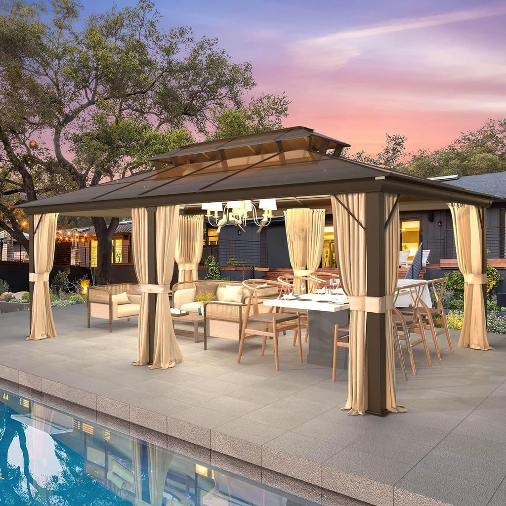 Tonnelle à toit rigide pour jardin – Pergola permanente avec filet, rideaux et double toit, abri extérieur toutes saisons