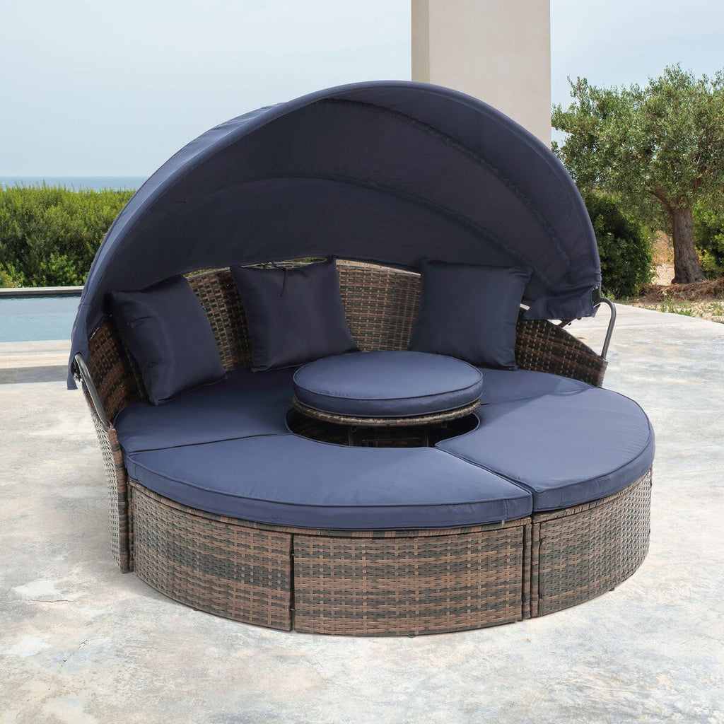 Lit de repos rond en rotin pour extérieur avec table basse relevable, canapé-lit profond bleu marine avec oreillers et coussins lavables