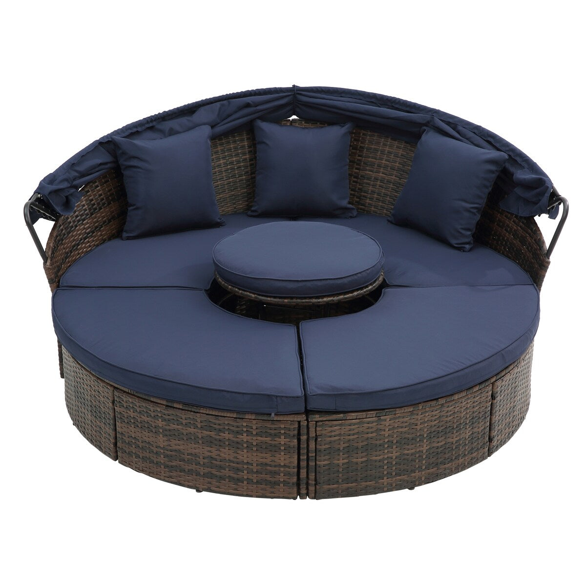 Lit de repos rond en rotin pour extérieur avec table basse relevable, canapé-lit profond bleu marine avec oreillers et coussins lavables