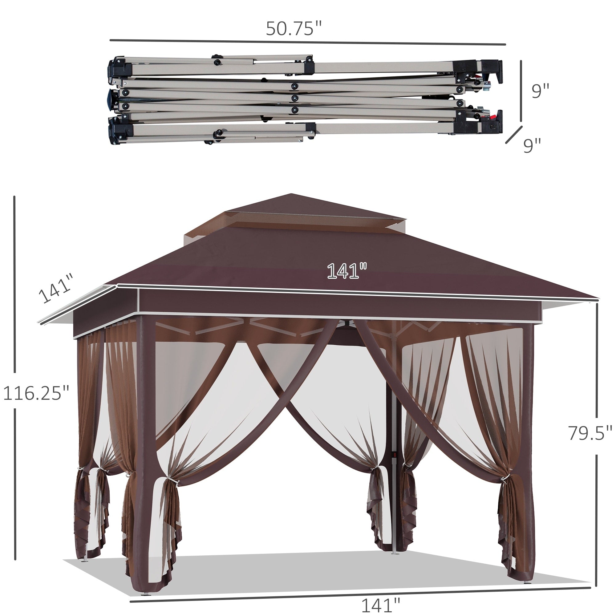 Outsunny 12' x 12' Pop Up Canopy Sun Shade Tente instantanée pliable avec filet latéral en maille, hauteur réglable sur 3 niveaux