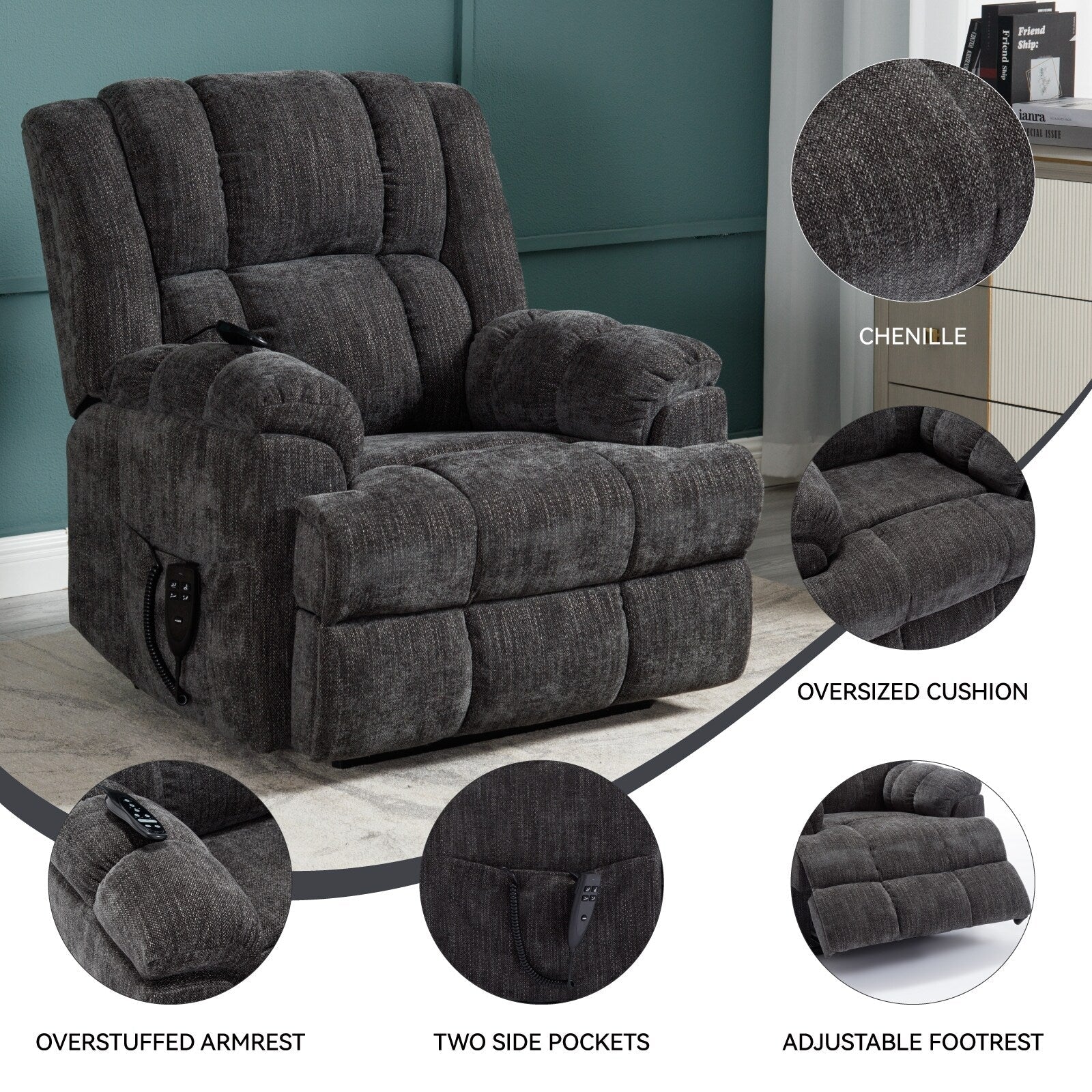 Fauteuil inclinable électrique surdimensionné en chenille avec massage et chauffage lombaire, inclinable en position infinie