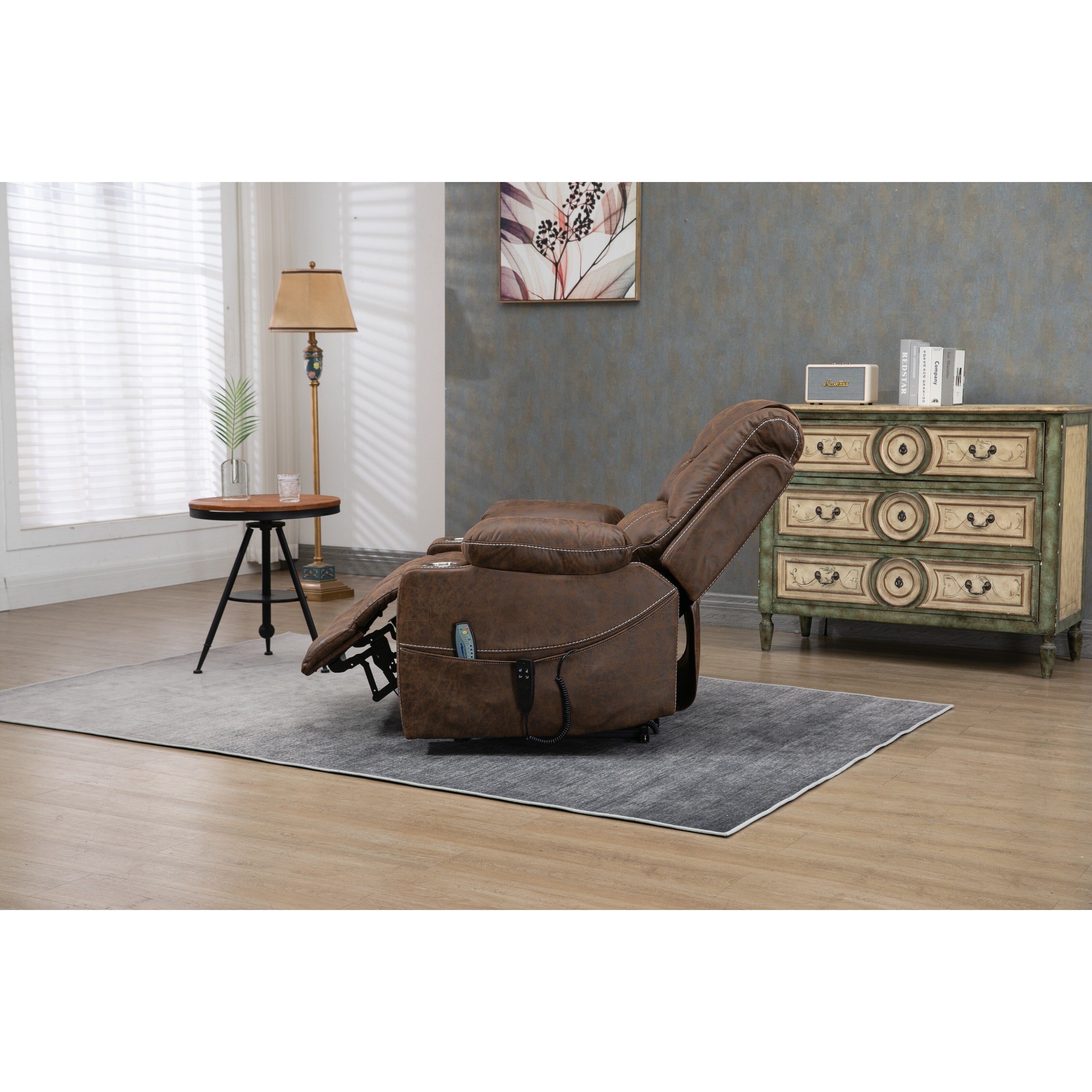 Fauteuil inclinable électrique surdimensionné en cuir PU avec fonction massage, chauffage lombaire, porte-gobelet et inclinaison à 180°